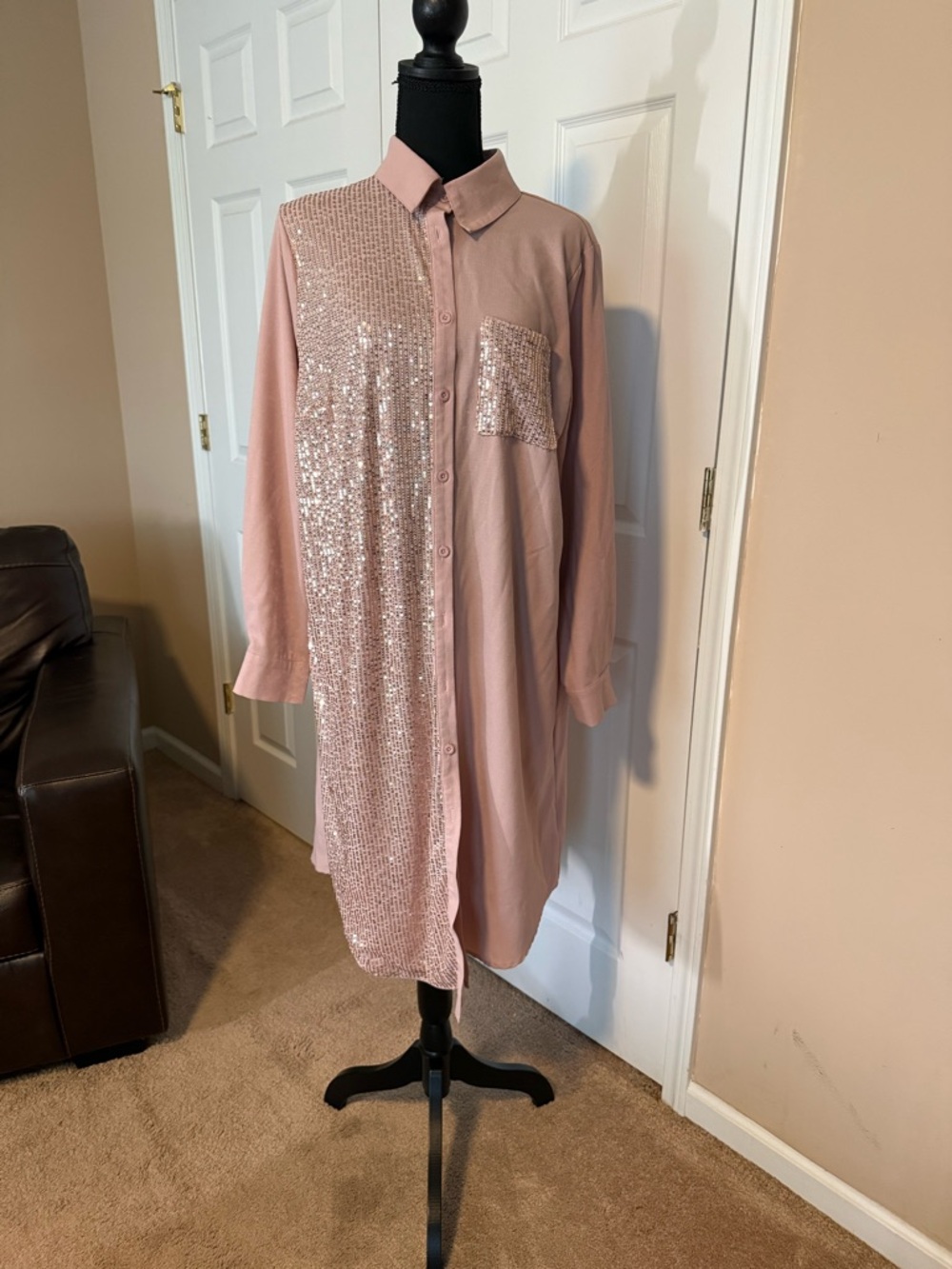 SHEIN Blush Pink Sequin-Accent Long Sleeve Shirt Dress